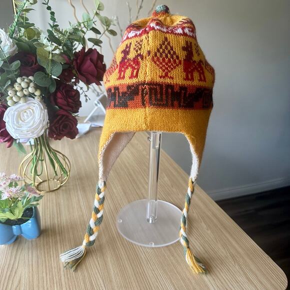PERU Cusco Llama Reversible Wool Alpaca HANDMADE Beanie Tassel Inca Maya Aztec - Picture 11 of 15